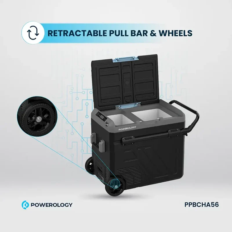 Powerology Portable Fridge 60L with Dual Compartment and Trolly - Gray
