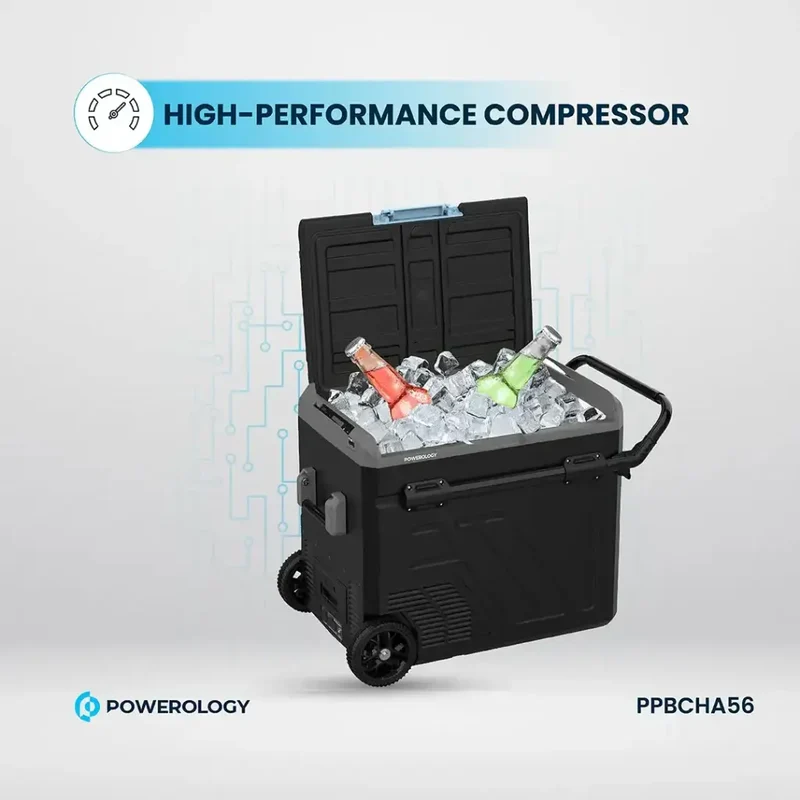Powerology Portable Fridge 60L with Dual Compartment and Trolly - Gray