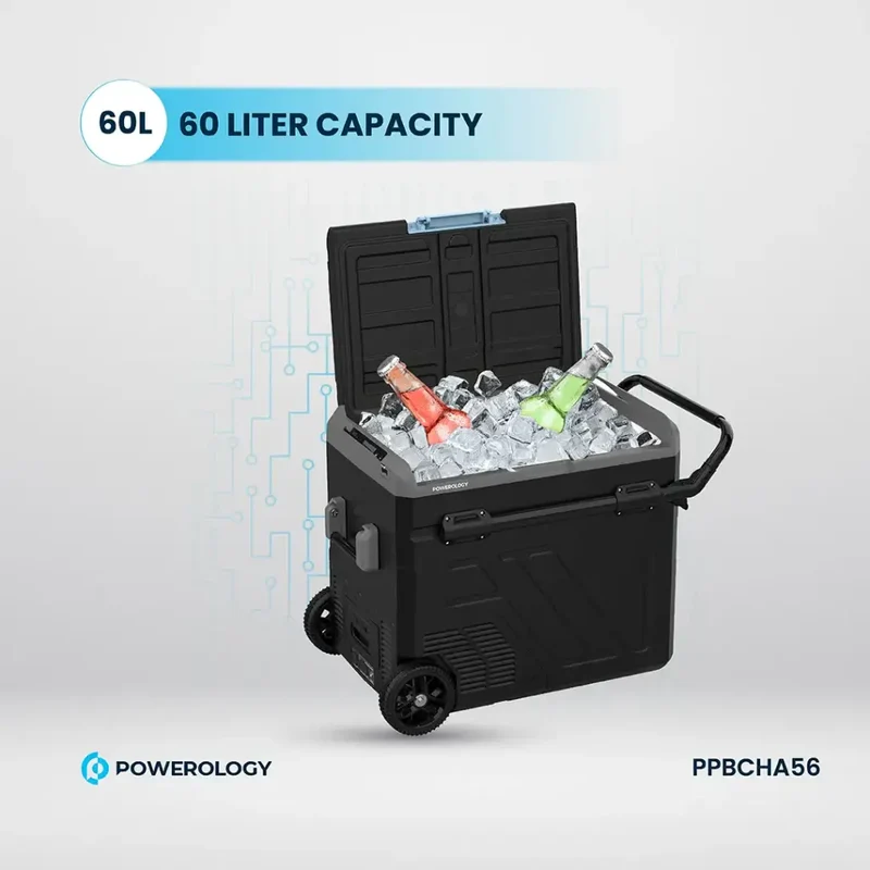 Powerology Portable Fridge 60L with Dual Compartment and Trolly - Gray