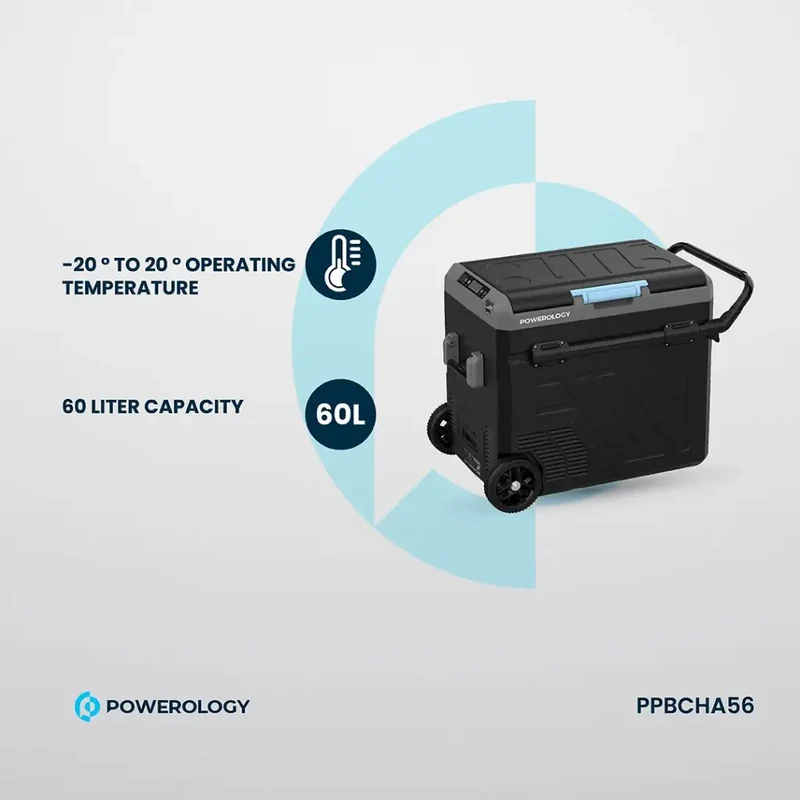 Powerology Portable Fridge 60L with Dual Compartment and Trolly - Gray