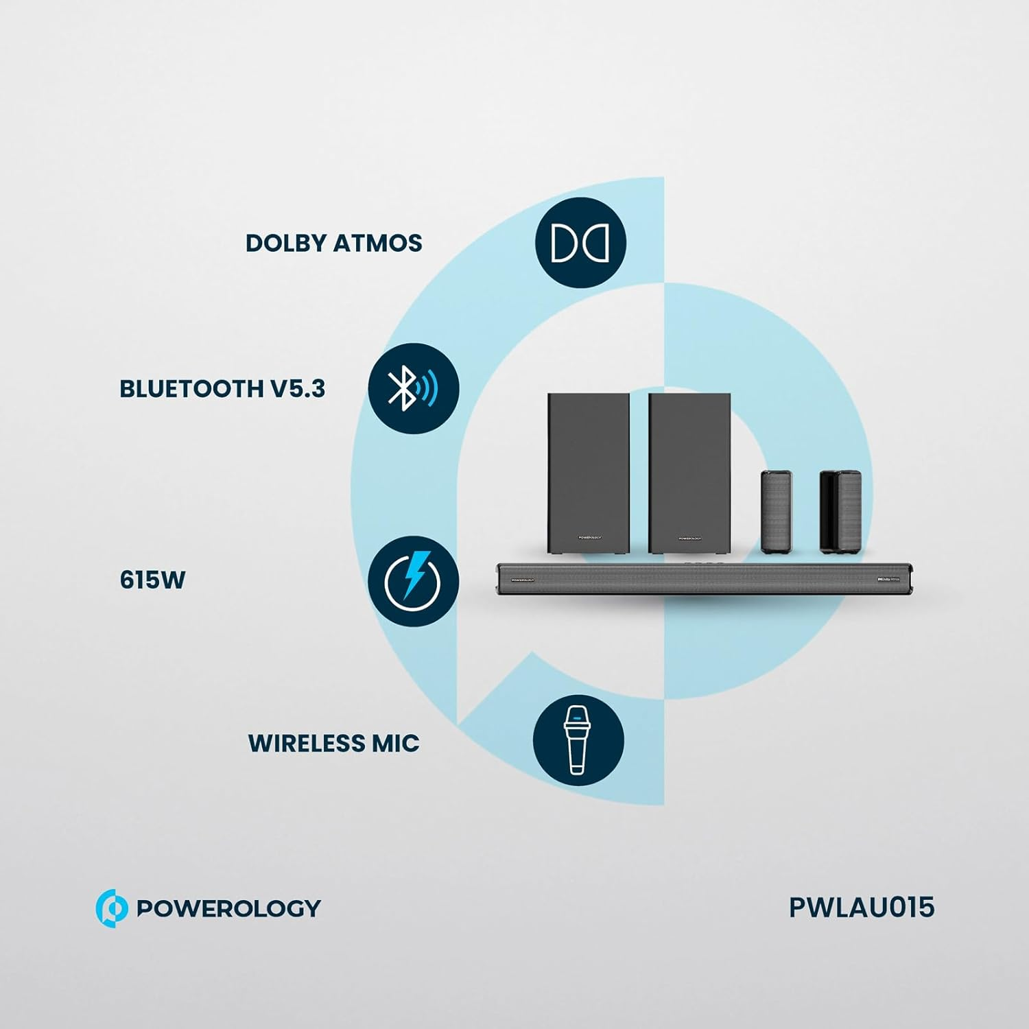 Powerology 5.2.4CH Home Soundbar with Dolby Atmos Wireless Subwoofer & Wireless Surround - Black