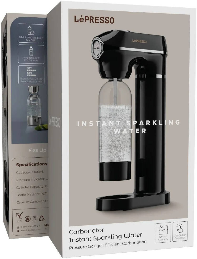 Lepresso Carbonator Sparkling Water Maker 1L with Pressure Meter - Black