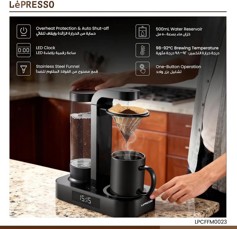 Lepresso Brew Time Coffee Drip Machine 650ml with LED Clock Display - Black