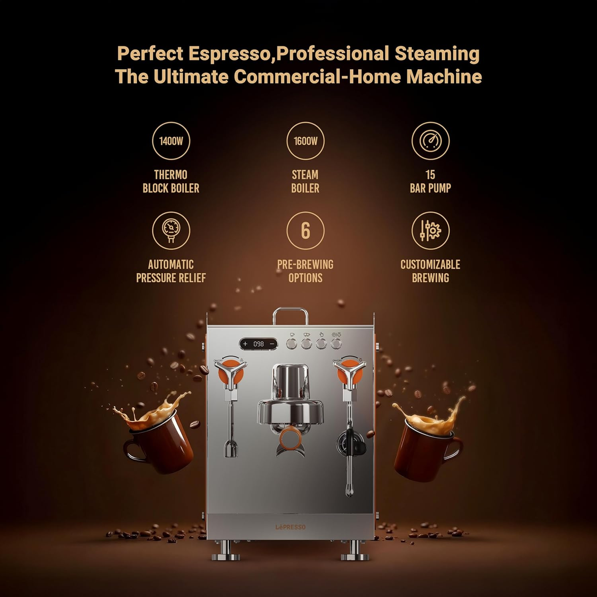 LePresso Commercial-Home Dual Boiler Coffee Machine with Grinder 15- bar ULKA Pump 1.6L - Silver