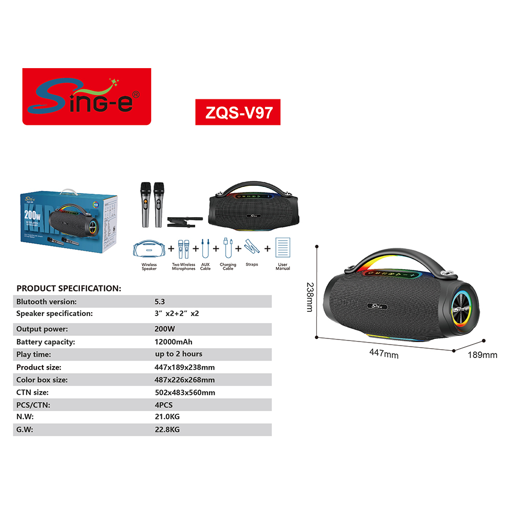 SinG-e  ZQS-V97/ RGB LED+TWO Wireless Microphones+Uesr manual +Straps  Light Adapter  200W
