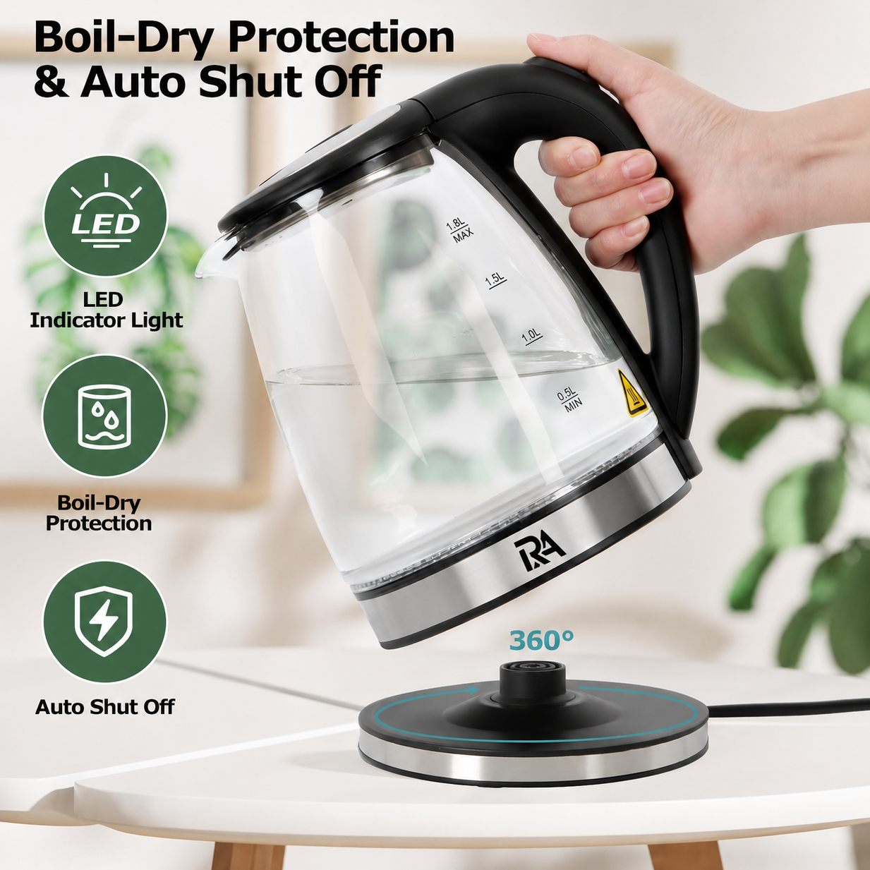 RA Electric Glass Kettle 1.8L Fast Boil with LED Indicator & Auto Shut Off – Black