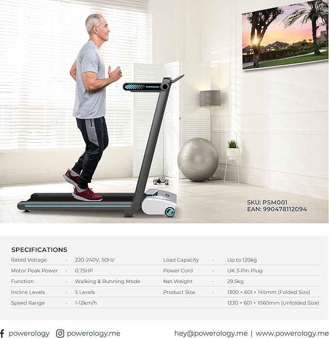 Powerology Incline Treadmill with 5-Level Electric Incline, Handrail & 12km/h Speed – White