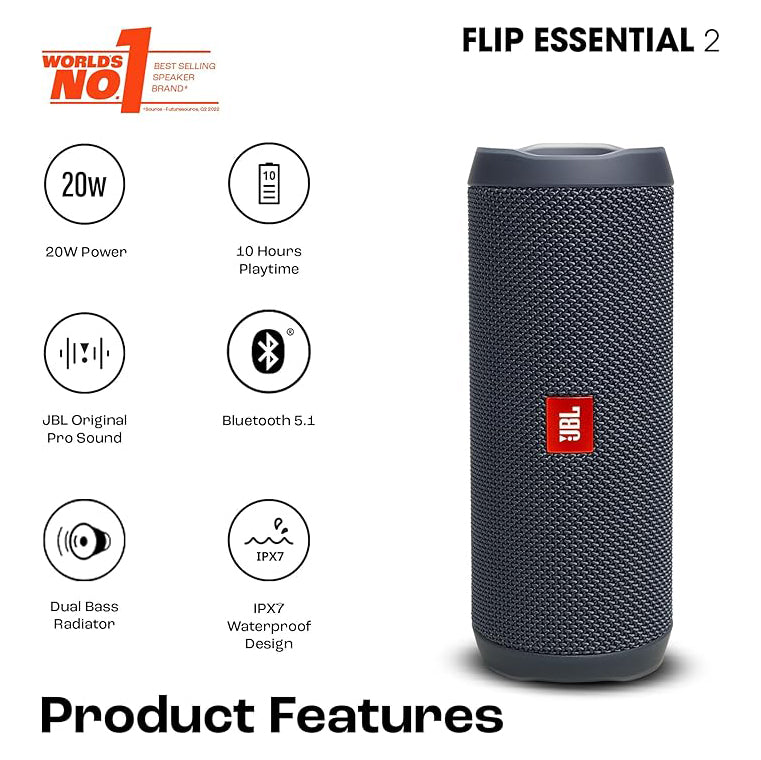 سماعة JBL Flip Essential 2 المحمولة بتقنية Bluetooth بقدرة 20W ومقاومة للماء IPX7 – رمادي