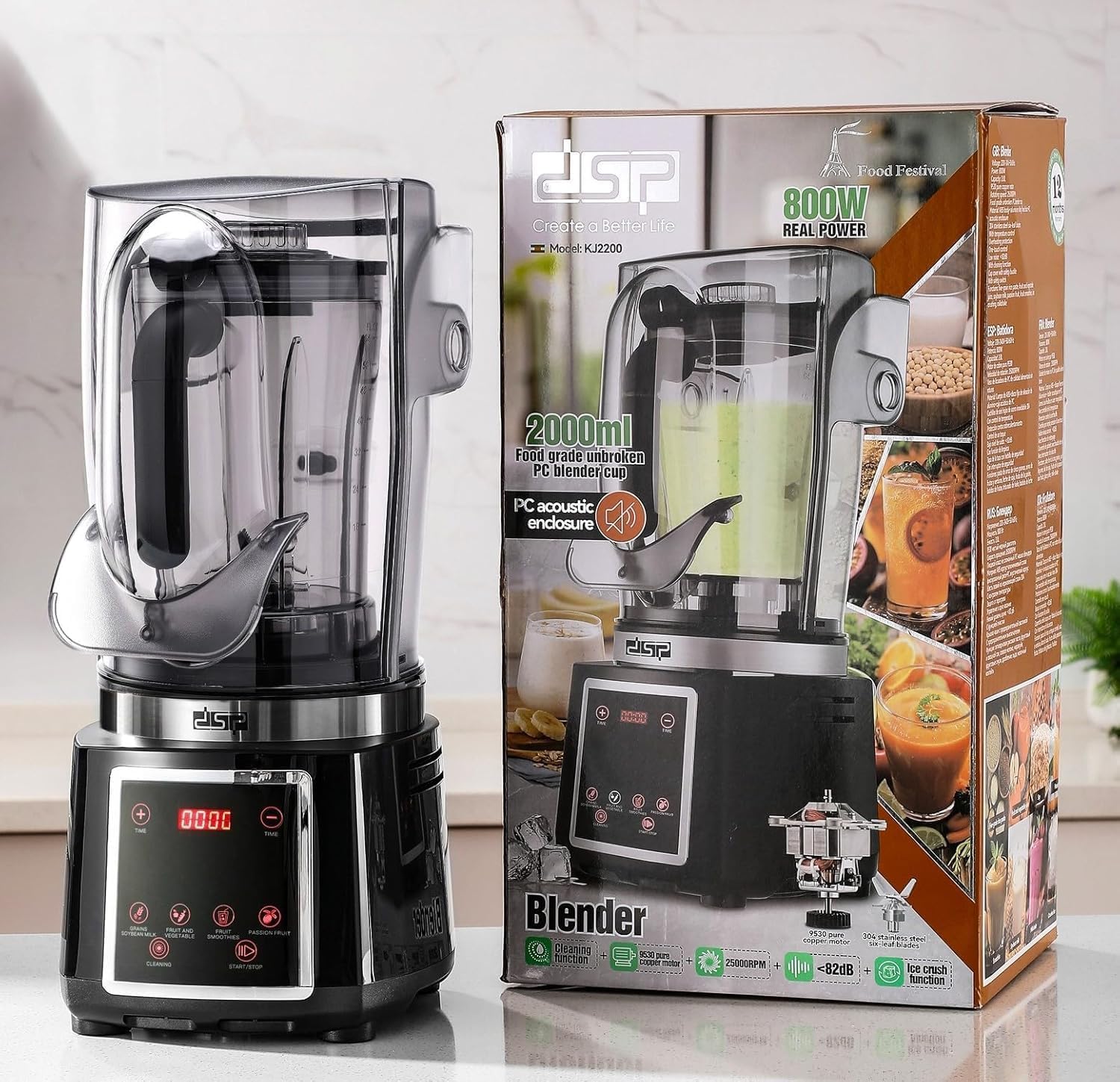 خلاط احترافي DSP KJ2200 بقوة 800W بسعة 2L لطحن الثلج والعصائر السميكة