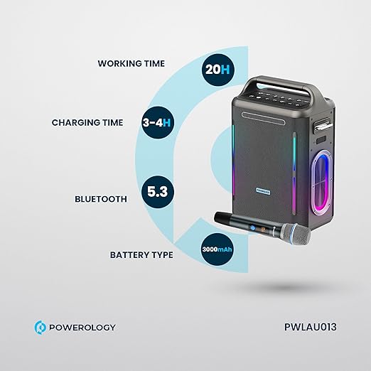 سماعة Powerology Karaoke Party Speaker بقوة 300 واط مع ميكروفون لاسلكي – موديل PWLAU013