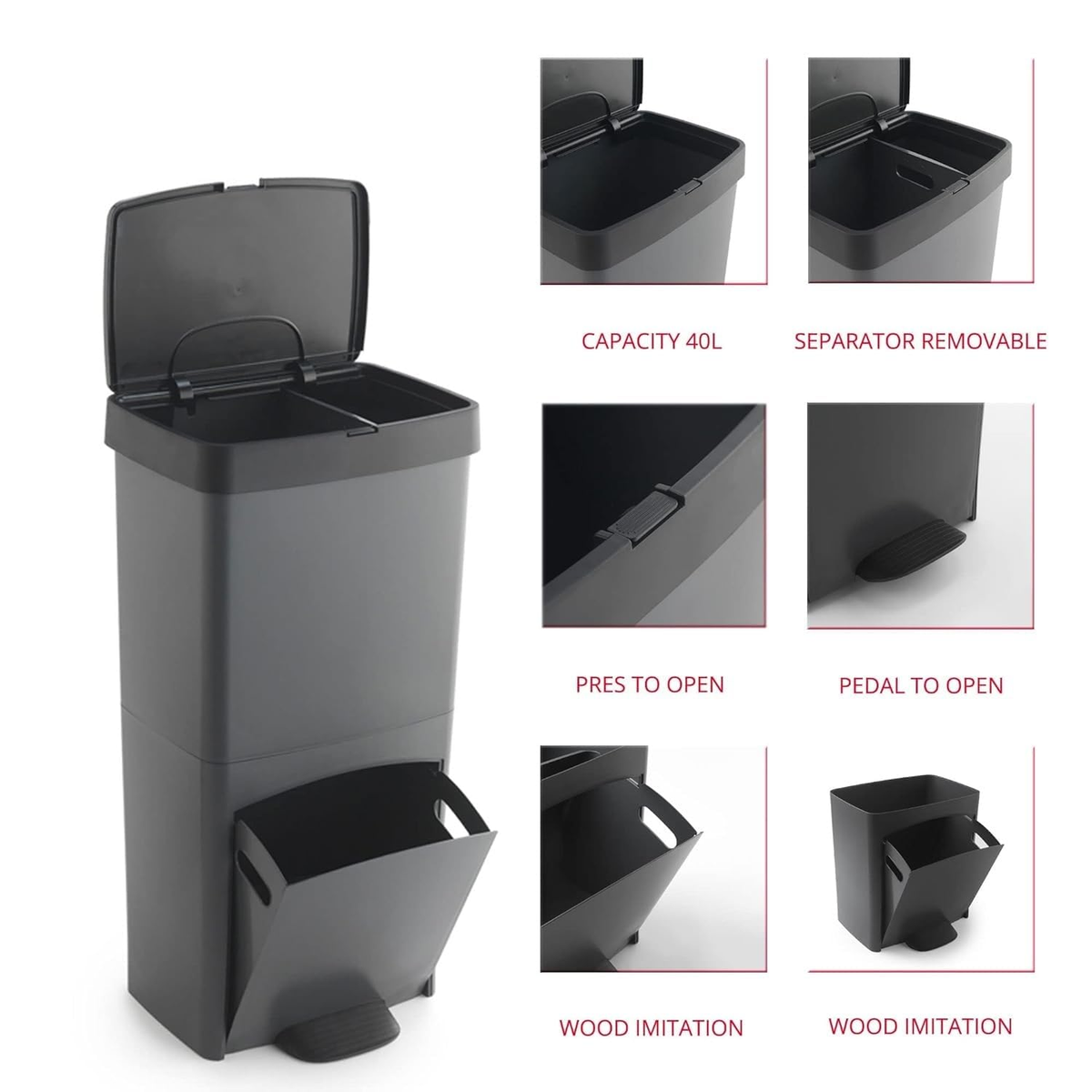Waste Separation Bin With 3 Compartments - 70 Litres