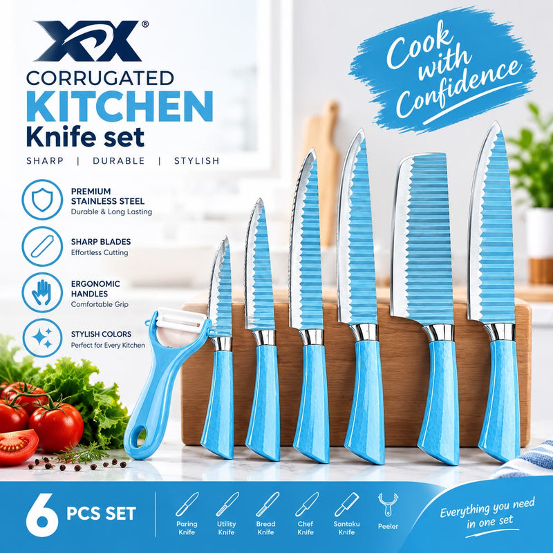 طقم سكاكين مطبخ 6 قطع مع مقشرة – شفرات مموجة ستانلس ستيل Corrugated Kitchen Knife Set-3
