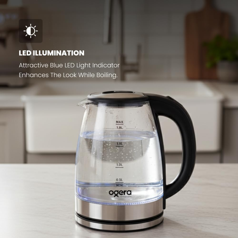 Ogera Glass Electric Kettle 1.8L Capacity 1500W Fast Boil LED Illumination Auto Shut-Off OG1508EK