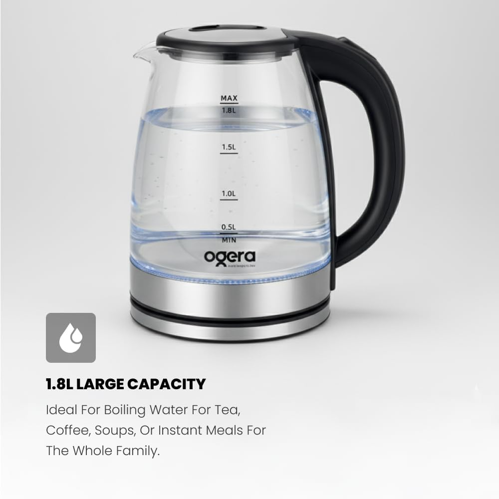 Ogera Glass Electric Kettle 1.8L Capacity 1500W Fast Boil LED Illumination Auto Shut-Off OG1508EK