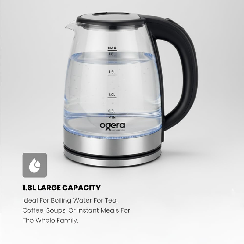 Ogera Glass Electric Kettle 1.8L Capacity 1500W Fast Boil LED Illumination Auto Shut-Off OG1508EK