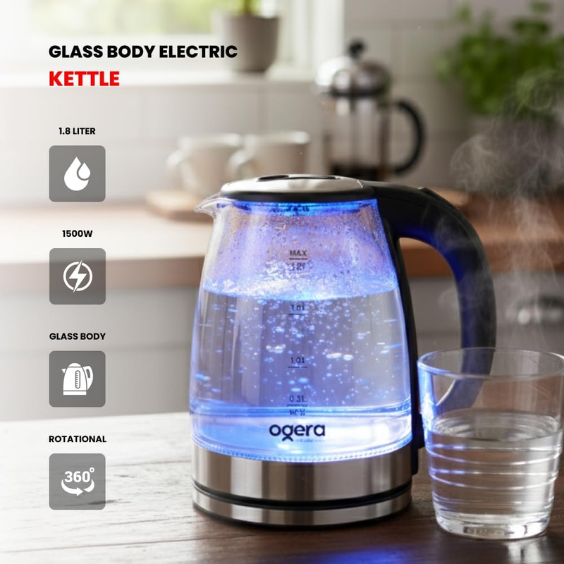 Ogera Glass Electric Kettle 1.8L Capacity 1500W Fast Boil LED Illumination Auto Shut-Off OG1508EK