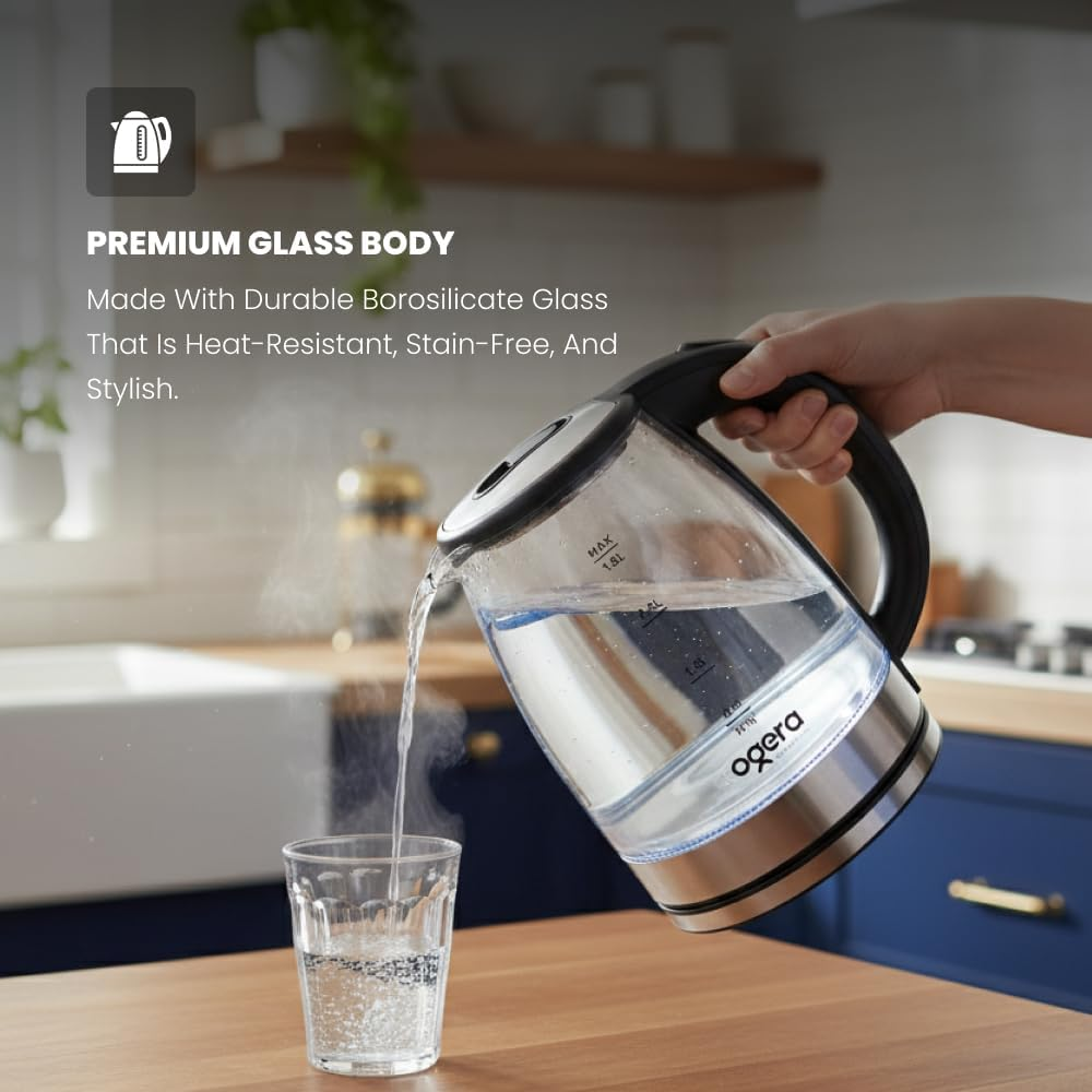 Ogera Glass Electric Kettle 1.8L Capacity 1500W Fast Boil LED Illumination Auto Shut-Off OG1508EK