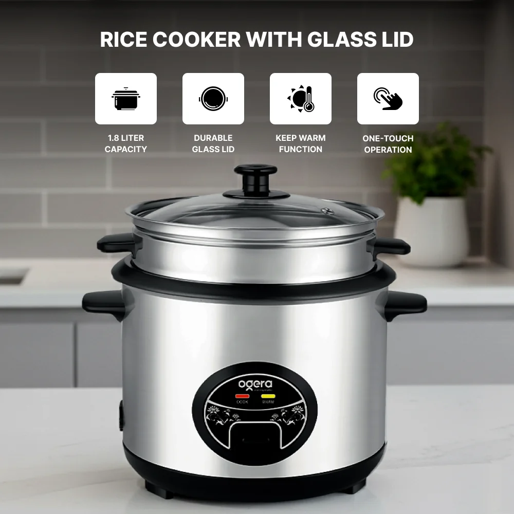 Ogera Og9500rc Rice Cooker With Glass Lid 1.8l Capacity Non-Stick Inner Pot