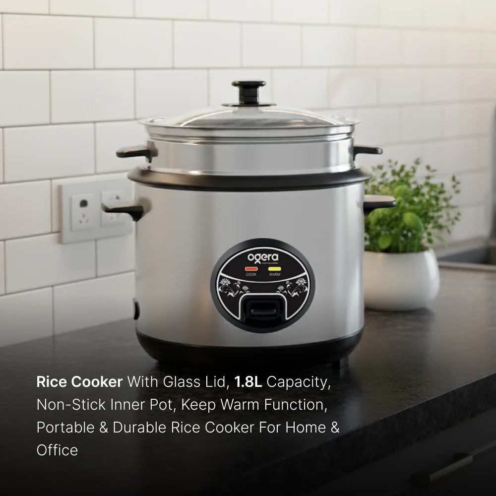 Ogera Og9500rc Rice Cooker With Glass Lid 1.8l Capacity Non-Stick Inner Pot