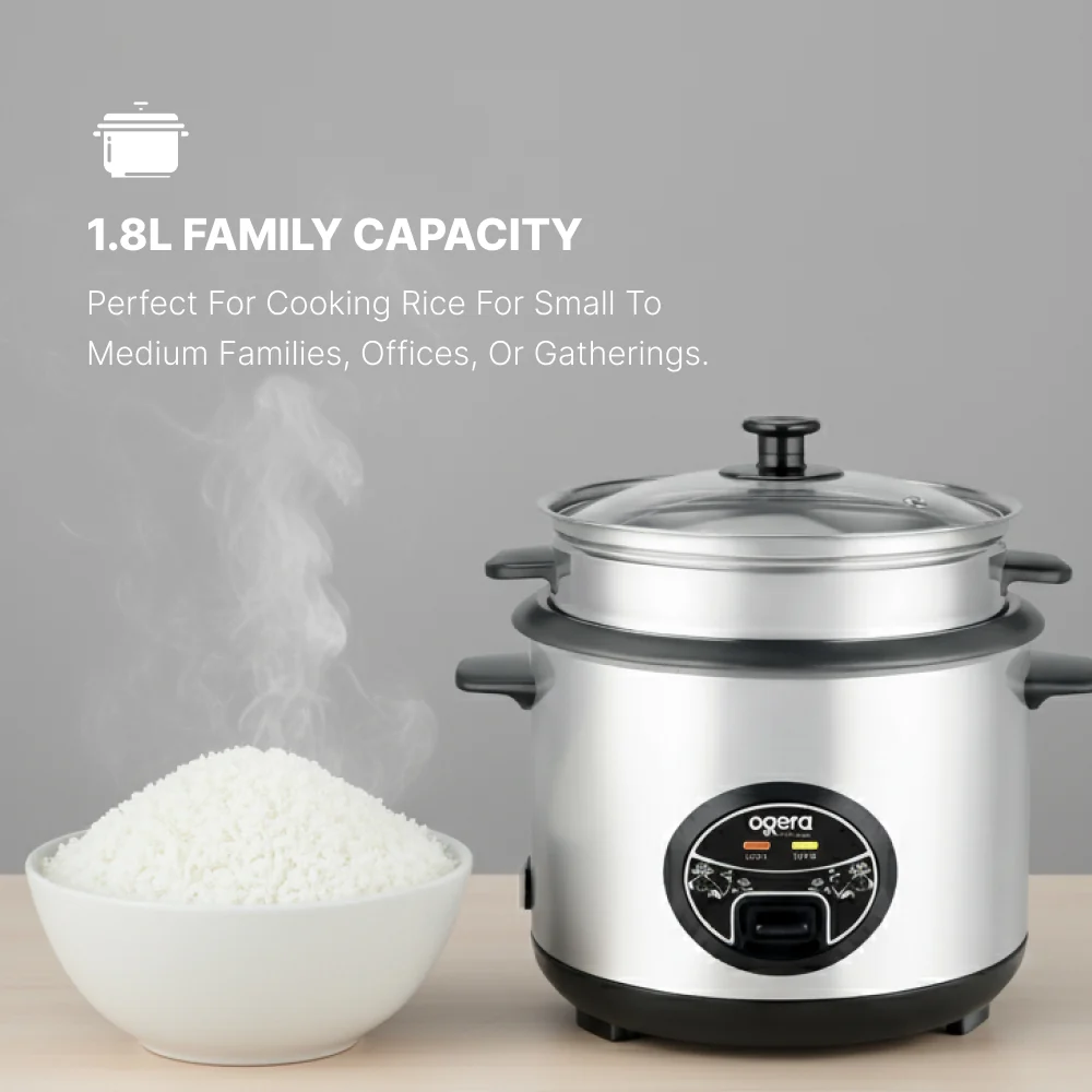 Ogera Og9500rc Rice Cooker With Glass Lid 1.8l Capacity Non-Stick Inner Pot