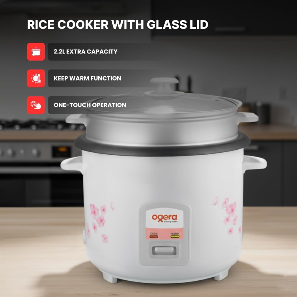 Ogera Rice Cooker 2.2L Capacity Non-Stick Pot Cook & Warm Functions Glass Lid OG9501RC