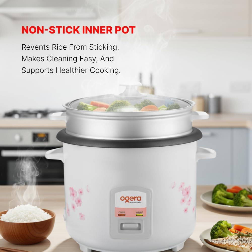 Ogera Rice Cooker 2.2L Capacity Non-Stick Pot Cook & Warm Functions Glass Lid OG9501RC