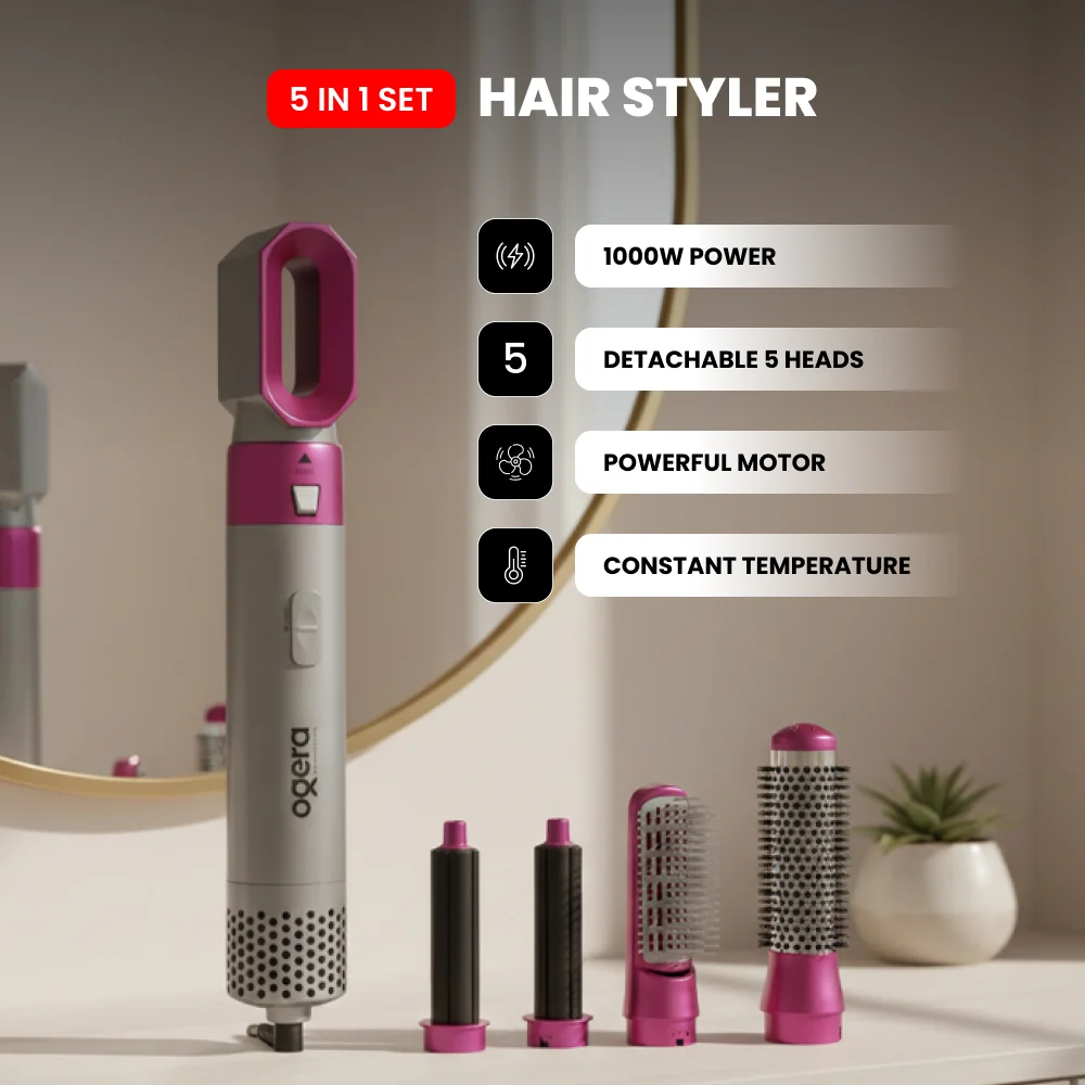 Ogera Hair Styler 5 in 1 Set Multi Styling Hot Air Brush OG2400HS Grey & Pink
