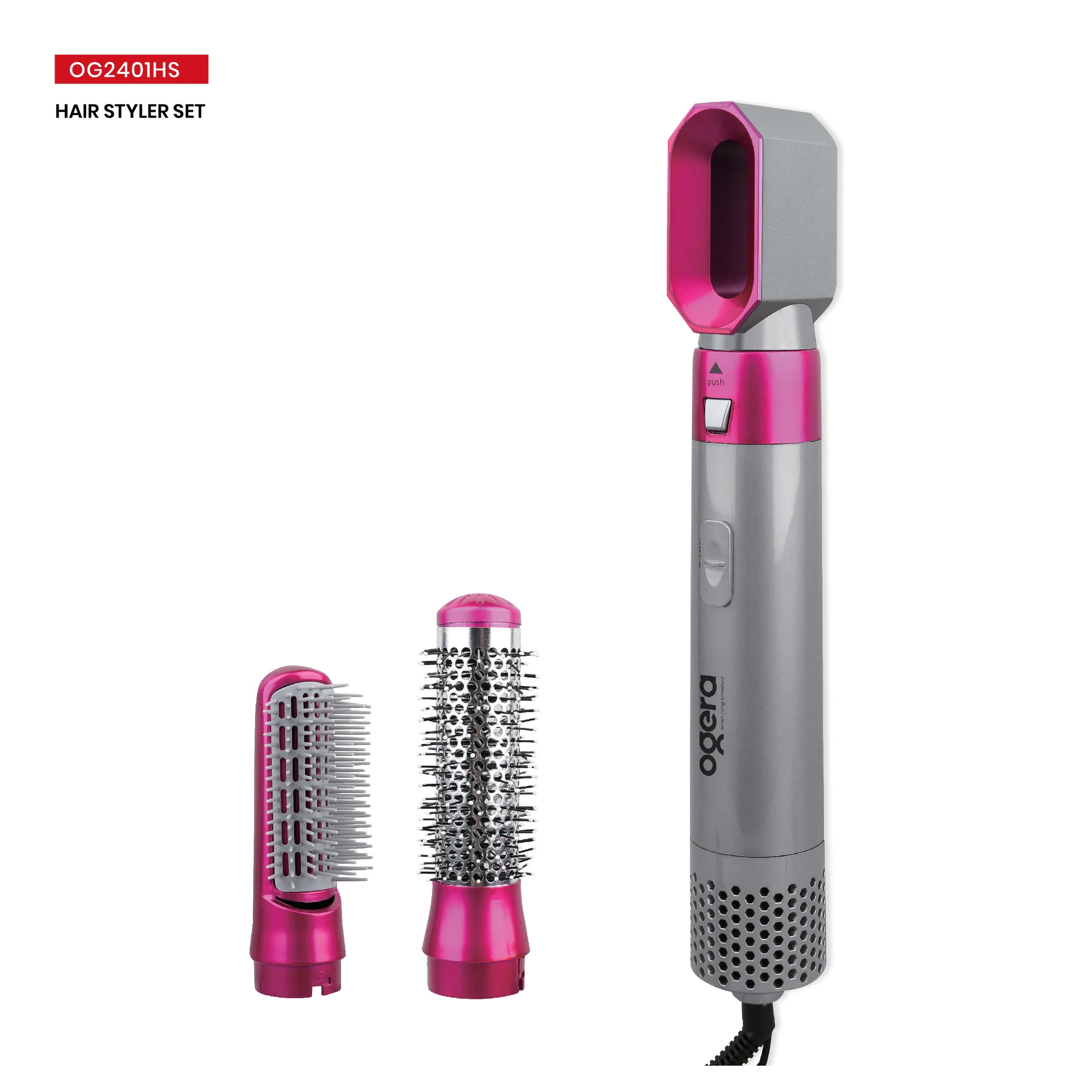 Ogera Hair Styler 3 in 1 Set with Detachable Heads Hot Air Brush 1000W OG2401HS Grey & Pink