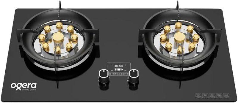 Ogera 2-Burner Glass Gas Hob 9-Cavity Wok Burner Flameout Protection OG3010GC