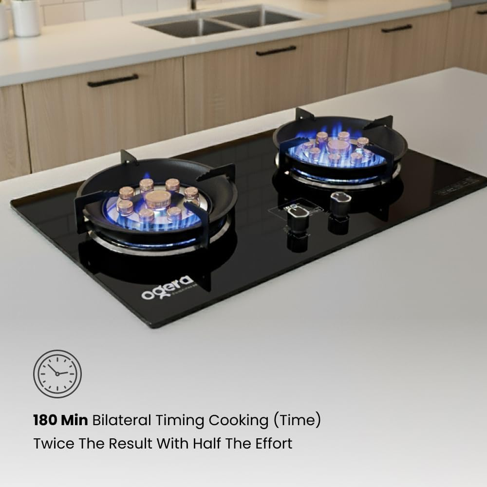 Ogera 2-Burner Glass Gas Hob 9-Cavity Wok Burner Flameout Protection OG3010GC
