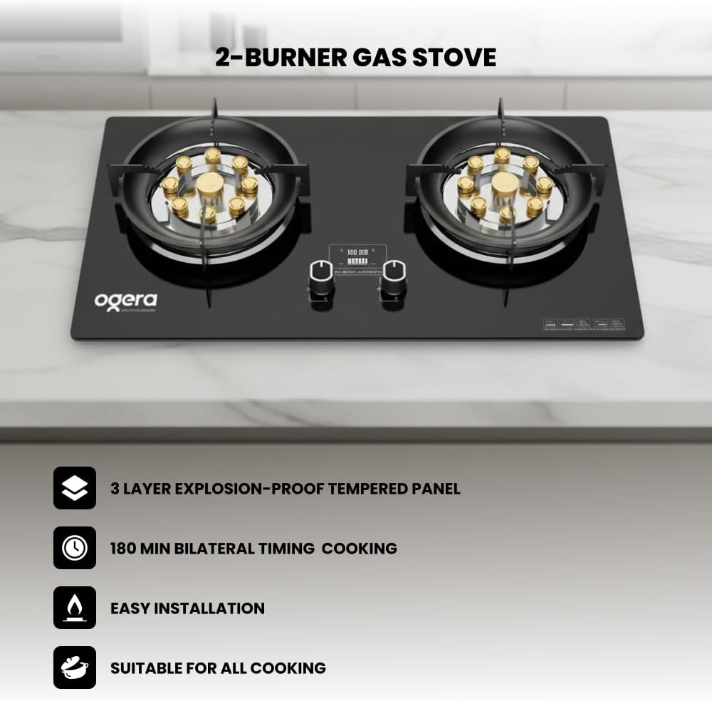 Ogera 2-Burner Glass Gas Hob 9-Cavity Wok Burner Flameout Protection OG3010GC