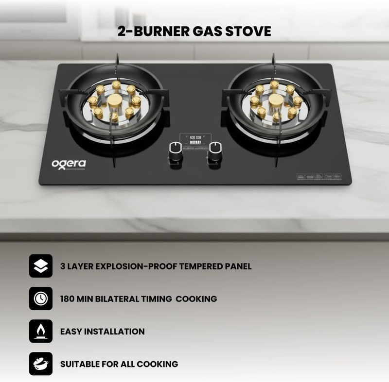 Ogera 2-Burner Glass Gas Hob 9-Cavity Wok Burner Flameout Protection OG3010GC