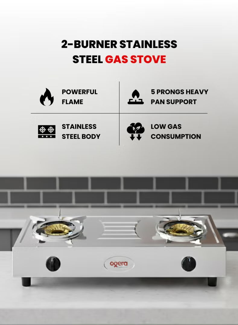 Ogera Stainless Steel Double Gas Burner Stove 2 High-Efficiency Burners Low Gas Consumption OG3012GC