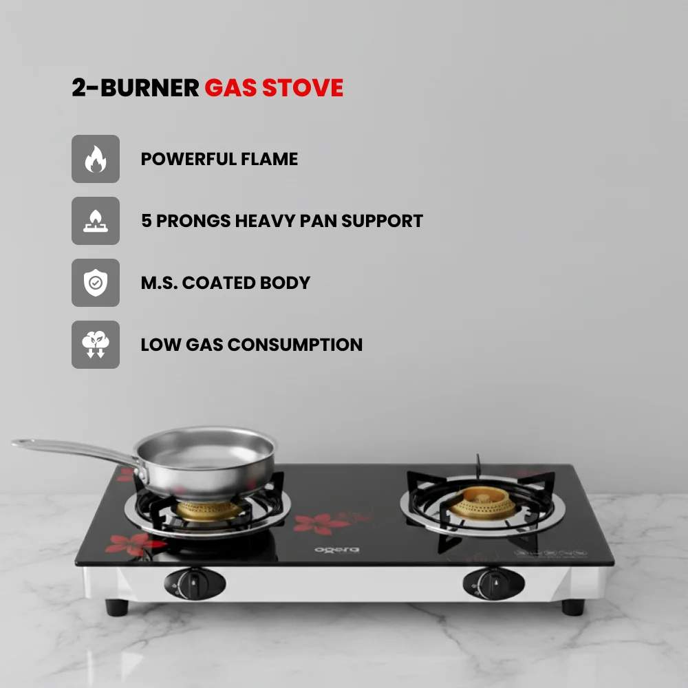 Ogera 2-Burner Gas Stove OG3013GC Toughened Glass Top 5-Prong Pan Support