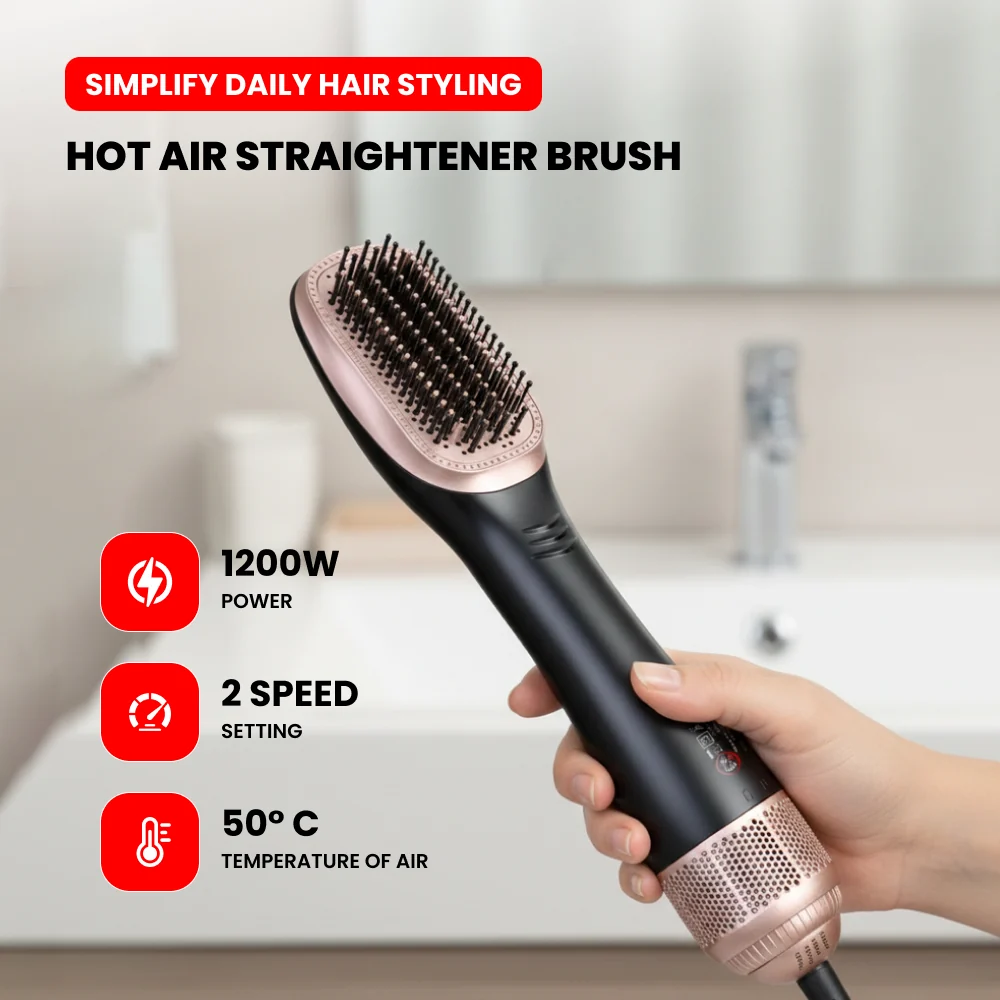 Ogera Hot Air Hair Straightening Brush Fast & Smooth Styling Ergonomic Design Suitable for All Hair OG2420HB Black