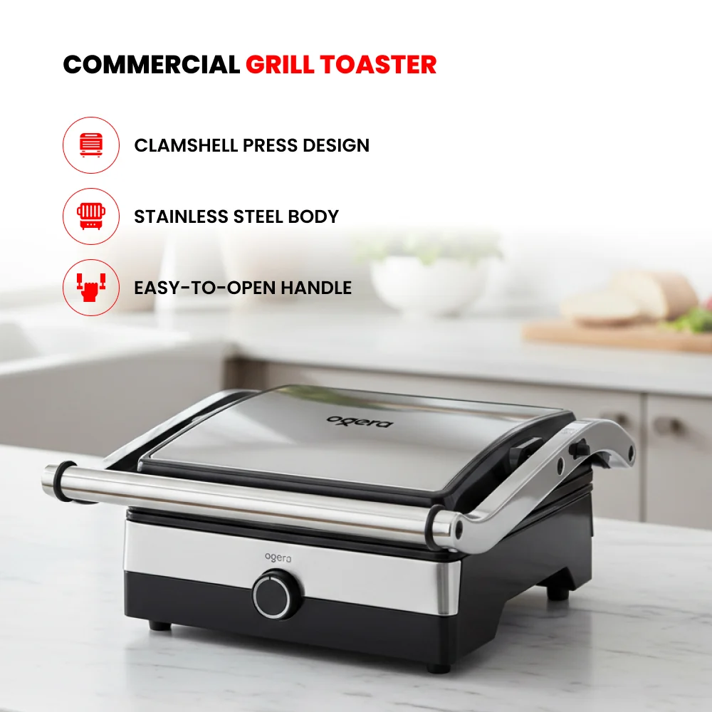 Ogera Commercial Grill Toaster 2000W Clamshell Press with Non-Stick Grill Plates OG1300GT