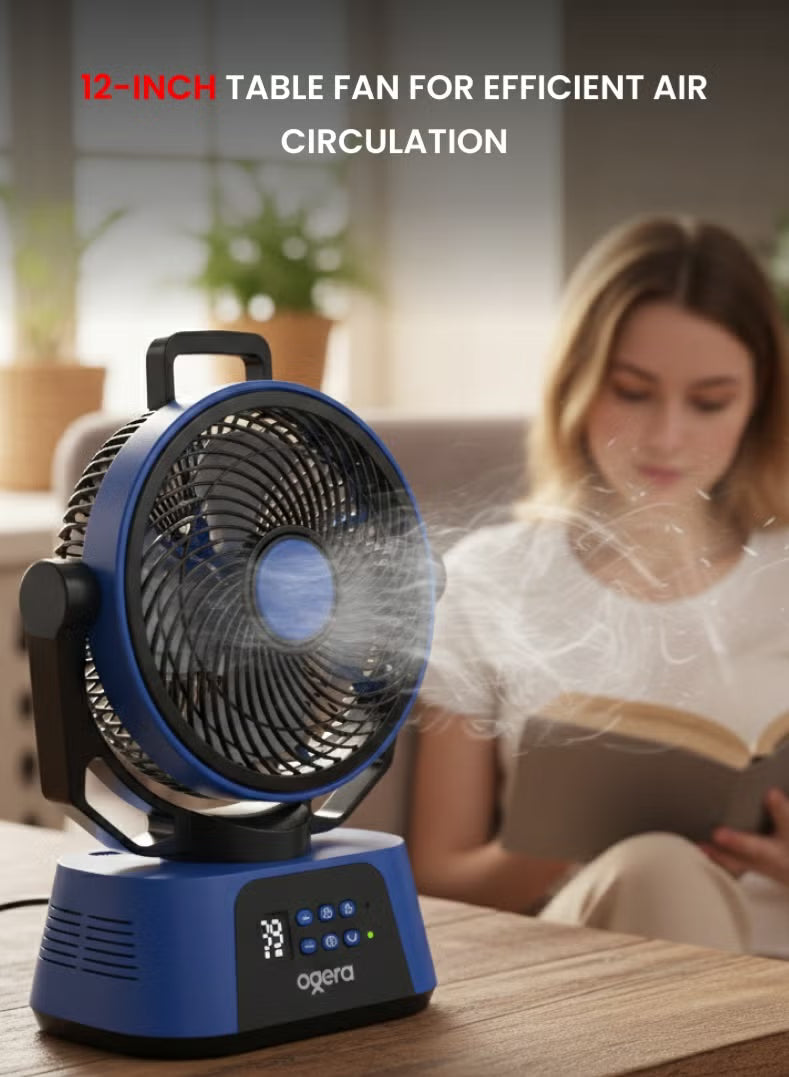 Ogera Rechargeable Table Fan 12 Inch 9 Speed 1650 RPM 100% Copper Motor LED Night Light 5V Power OG1900RFN