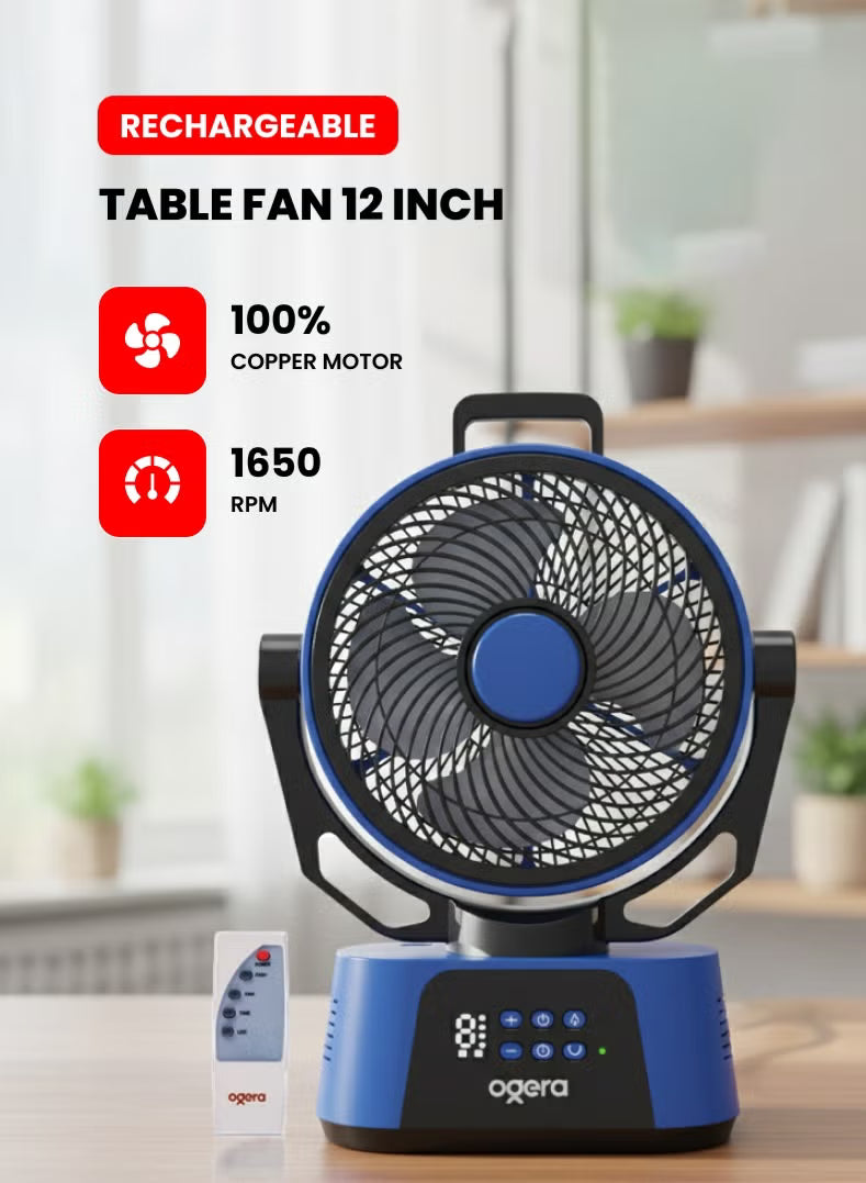 Ogera Rechargeable Table Fan 12 Inch 9 Speed 1650 RPM 100% Copper Motor LED Night Light 5V Power OG1900RFN