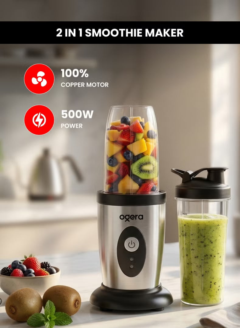 Ogera 2‑in‑1 Smoothie Maker 500W Portable Blender with Bottle Personal Juicer for Smoothies & Shakes OG150SB