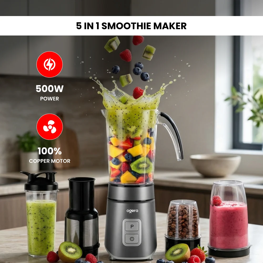 Ogera 5‑in‑1 Smoothie Maker 500W | Personal Blender with Multiple Jars & Attachments 100% Copper Motor