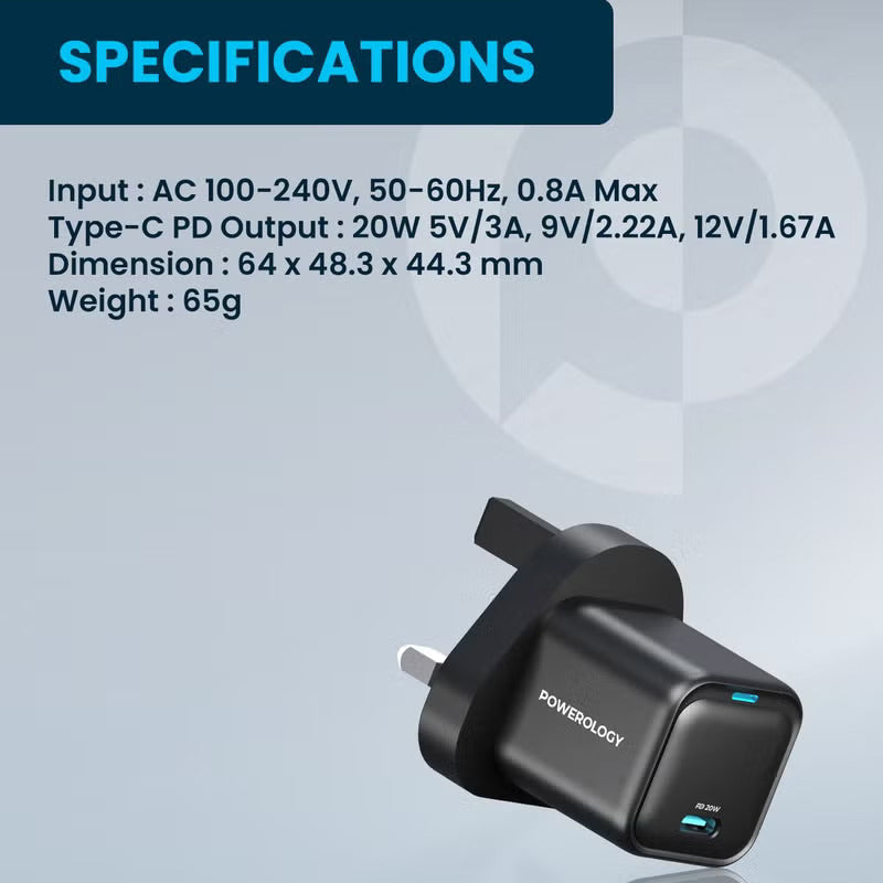 Powerology Ultra-Compact GaN Charger 20W USB-C PD Fast Charging UK Plug – Black