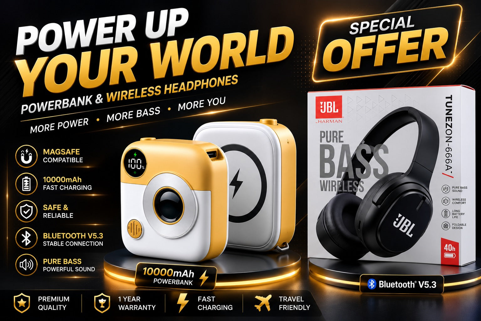 Prima Tech 10000mAh Magnetic Wireless Power Bank + Wireless Bluetooth Headphones Bundle Offer