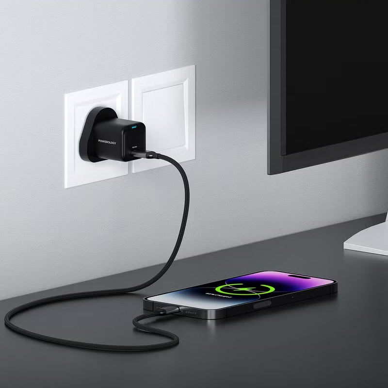 Powerology Ultra-Compact GaN Charger 20W USB-C PD Fast Charging UK Plug – Black