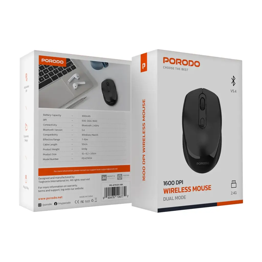 Porodo 2.4G+BT Dual Mode Rechargeable Mouse 300mAh battery Adjustable 800- 1600 DPI