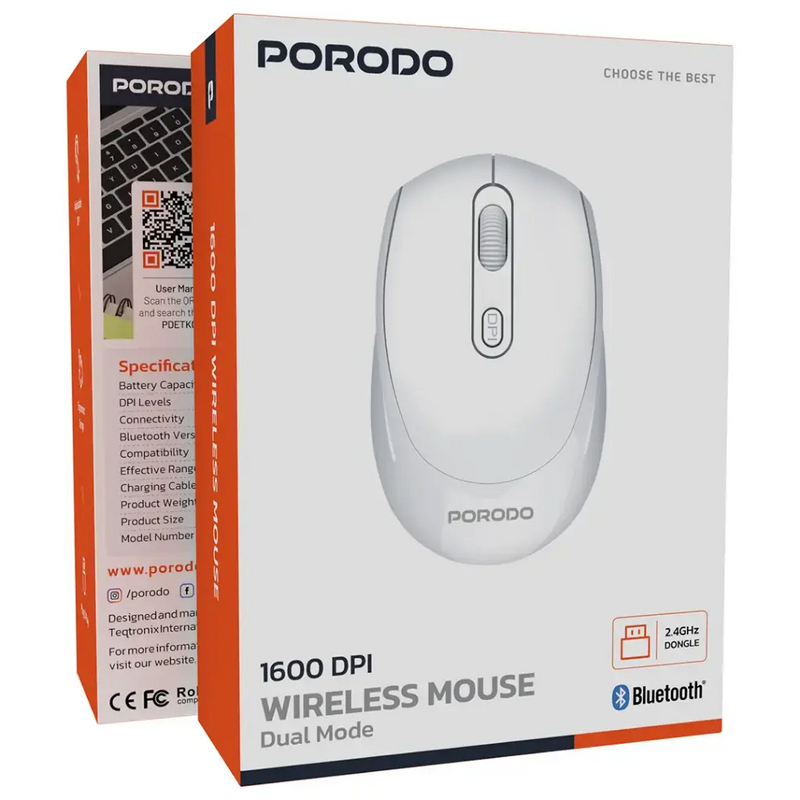 Porodo 2.4G+BT Dual Mode Rechargeable Mouse 300mAh battery Adjustable 800- 1600 DPI