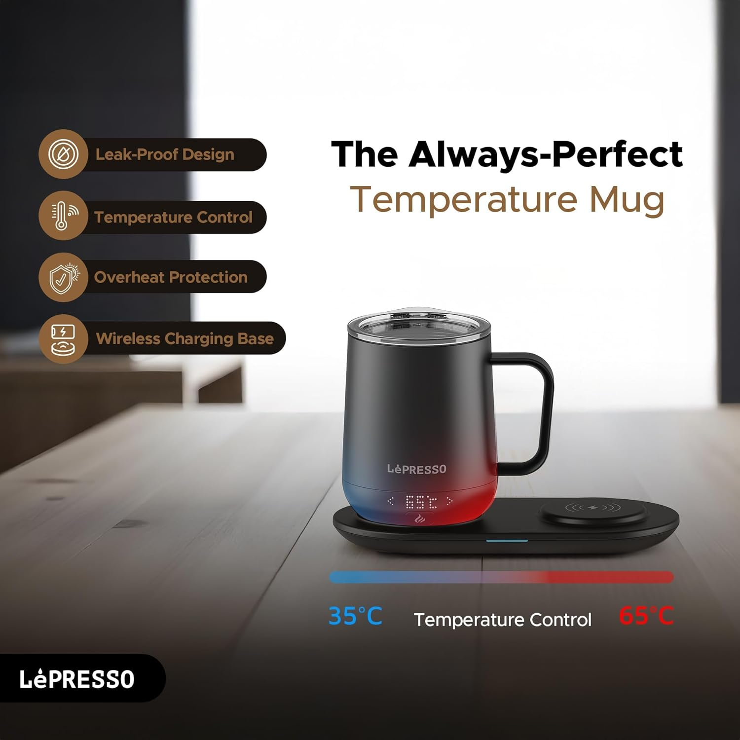 LePresso Smart Heated Mug 12oz with Wireless Charging Pad