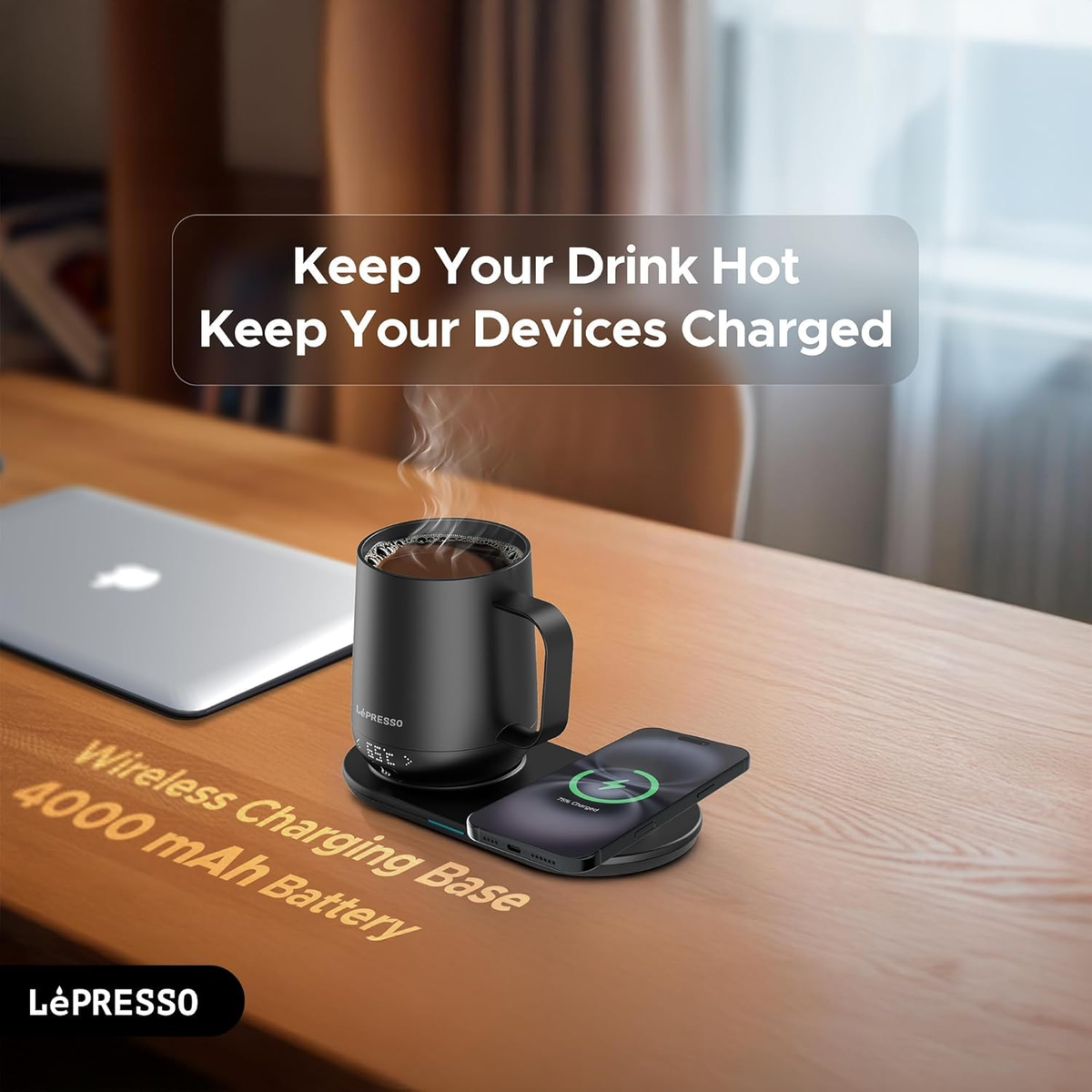 LePresso Smart Heated Mug 12oz with Wireless Charging Pad