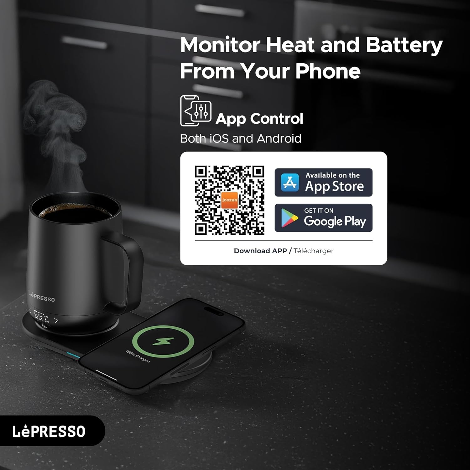 LePresso Smart Heated Mug 12oz with Wireless Charging Pad