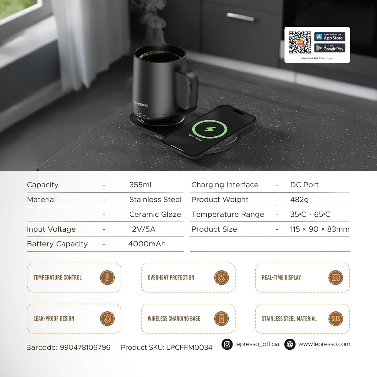 LePresso Smart Heated Mug 12oz with Wireless Charging Pad