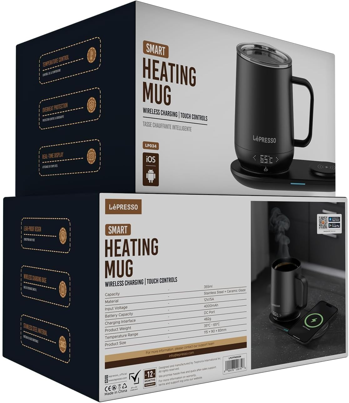 LePresso Smart Heated Mug 12oz with Wireless Charging Pad